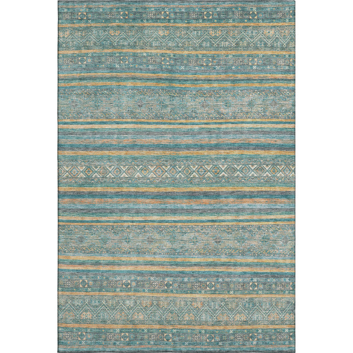 10' X 14' Striped Washable Area Rug With UV Protection (695822) - Teal / Gold / Blue