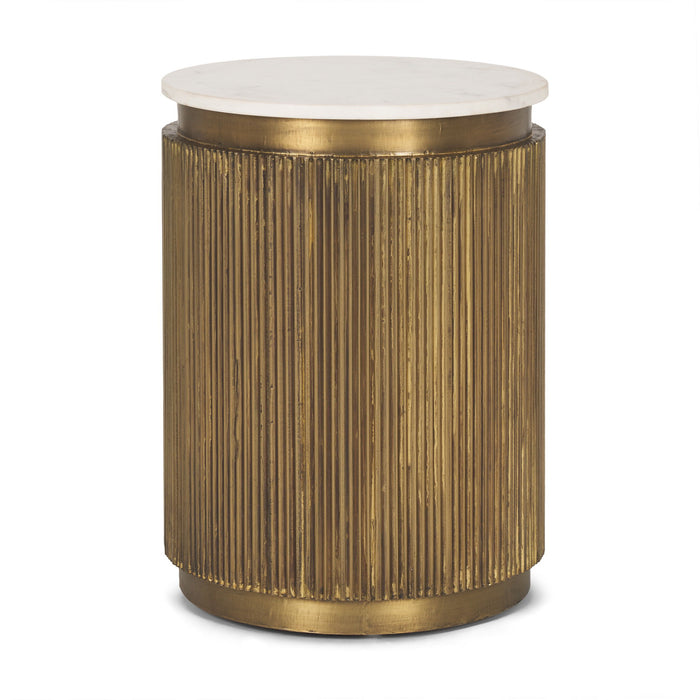 Stone And Brass Round Block End Table - White / Gold