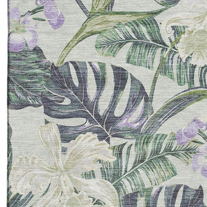10' X 14' Floral Washable Area Rug With UV Protection (697818) - Artichoke Green / Lavender / Ivory