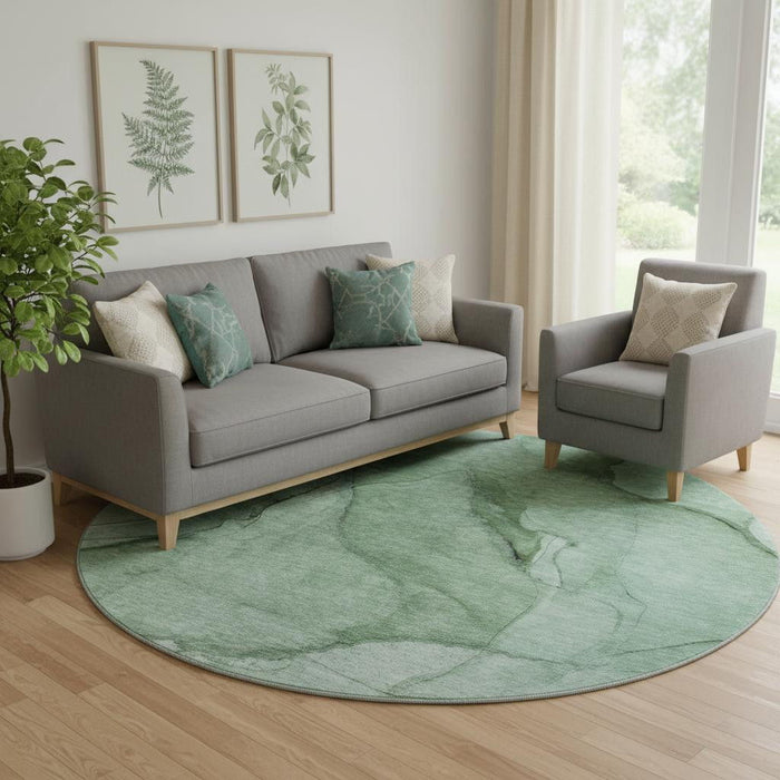 8' Abstract Washable Round Rug With UV Protection (651097) - Green / Ivory
