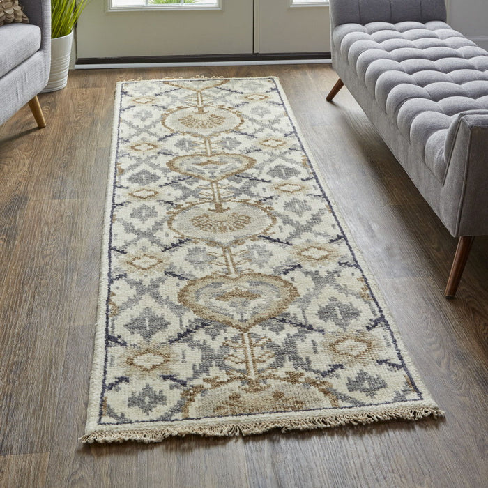 8' Wool Floral Hand Knotted Stain Resistant Runner Rug - Ivory Gray And Taupe