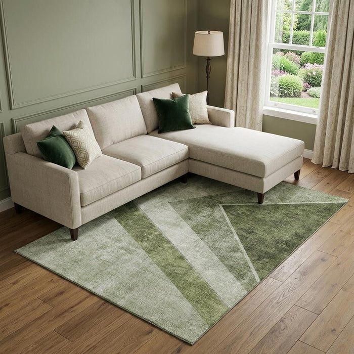 9' X 12' Geometric Washable Area Rug With UV Protection (655572) - Olive Green / Gray / Silver