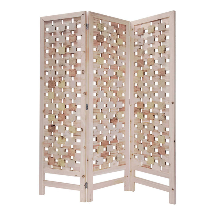 3 Panel Room Divider With Cut Square Wood Design - Pink