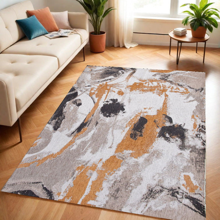 5' x 7' Abstract Non Skid 100% PET Area Rug - Gray And White