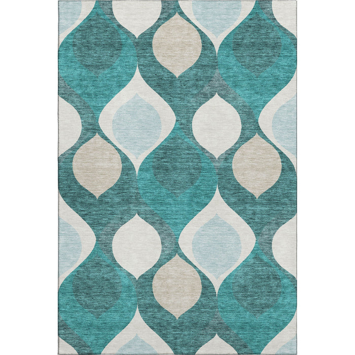 10' X 14' Ogee Washable Area Rug With UV Protection - Teal And Ivory