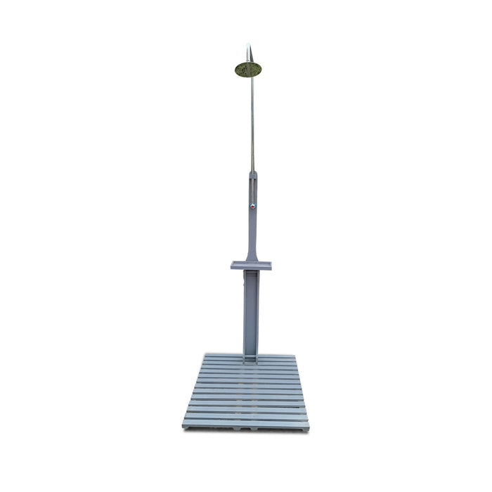 Giga outdoor garden pool shower with chassis board, ideal for patio use, featuring a sleek design and outdoor water spray nozzles.