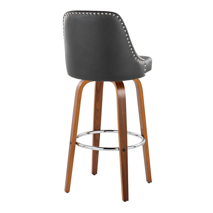 Marcel - 30" Fixed-Height Barstool With Swivel And Round Chrome Metal Footrest (Set of 2) - Walnut Wood And Black Faux Leather With Chrome Nailhead Trim