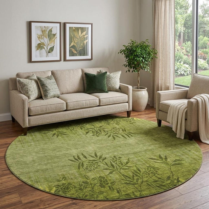 8' Floral Washable Round Rug With UV Protection (655659) - Olive Green / Gold