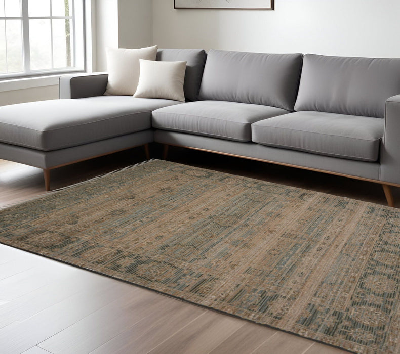 8' X 10' Turquoise Oriental Hand Woven Area Rug With Fringe - Brown