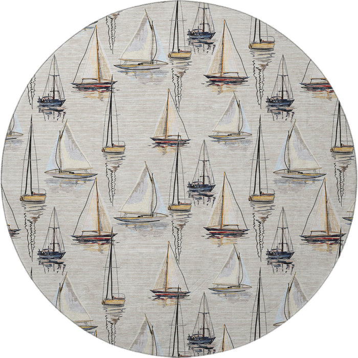 8' Nautical Washable Round Rug With UV Protection - Ivory And Black