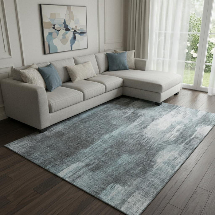 9' X 12' Abstract Washable Area Rug With UV Protection (649617) - Teal / Ivory