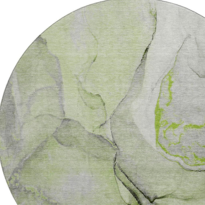 8' Abstract Washable Round Rug With UV Protection (646825) - Green / Gray / Ivory