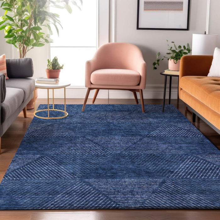 10' X 14' Geometric Washable Area Rug With UV Protection - Navy Blue And Ivory