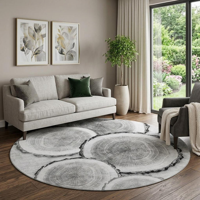 8' Faux Bois Washable Round Rug With UV Protection (649927) - Gray / Ivory