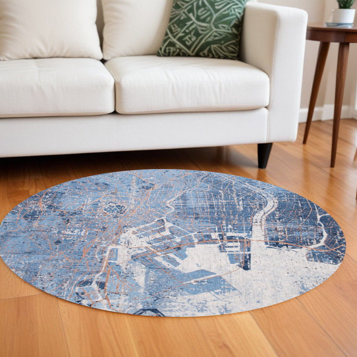 8' Round Abstract Non Skid Area Rug - Blue And Black