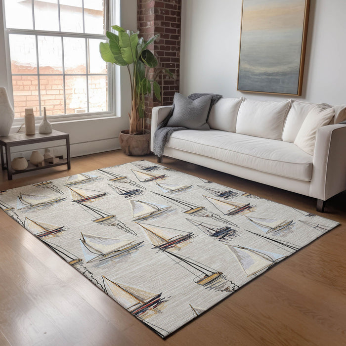8' X 10' Nautical Washable Area Rug With UV Protection - Ivory And Black