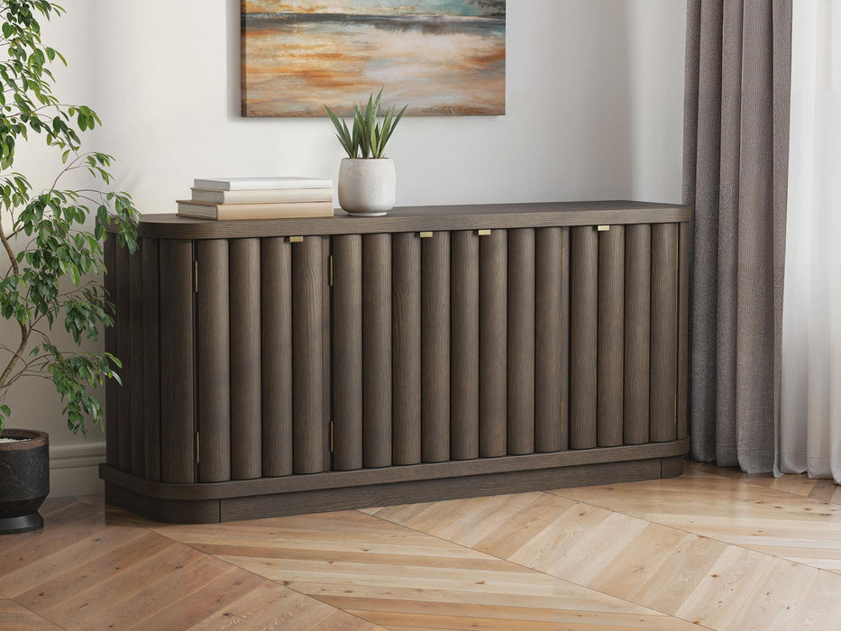 Extra large Signature Design by Ashley Darimore TV stand in burnished brown with spacious shelves and storage compartments.