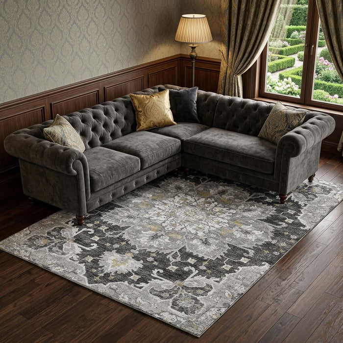 10' X 14' Floral Medallion Distressed Washable Area Rug With UV Protection (644550) - Graphite / Gold / Charcoal