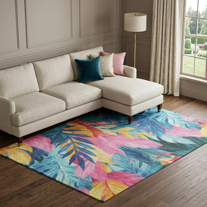 10' X 14' Floral Washable Area Rug With UV Protection (694044) - Sky Blue / Pink / Gold