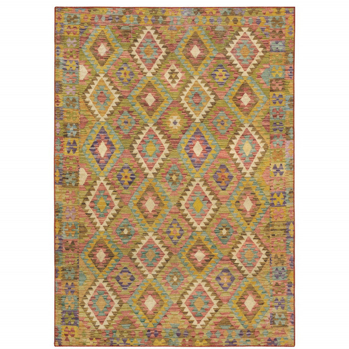 8' x 10' Southwestern Printed Stain Resistant Non Skid Area Rug - Gold Orange Brown Red Green Purple And Beige