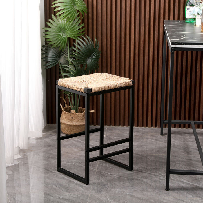 Set of 2 natural water hyacinth woven bar stools with backless design and footrests, 25-inch height, by Giga.