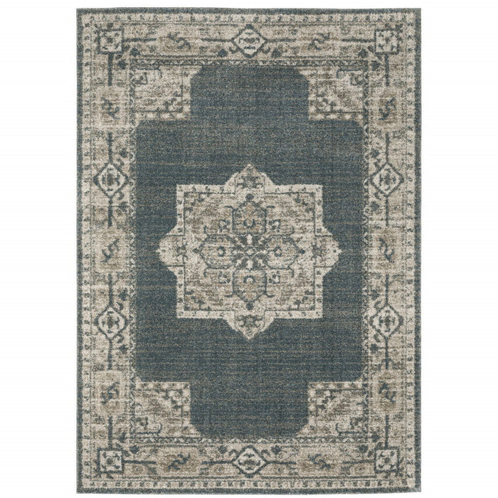 6.6' x 9.5' Oriental Power Loom Area Rug - Blue And Beige