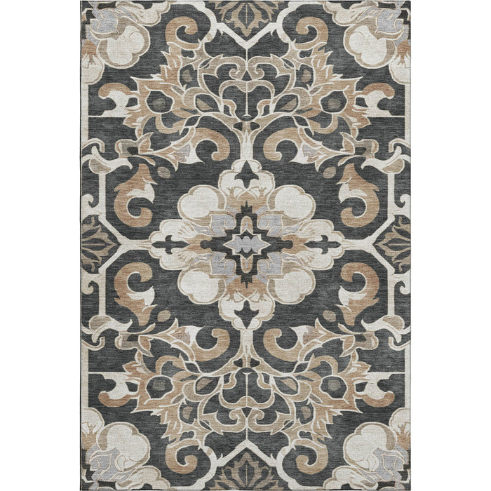 10' X 14' Floral Medallion Washable Area Rug With UV Protection (709066) - Charcoal / Taupe / Ivory