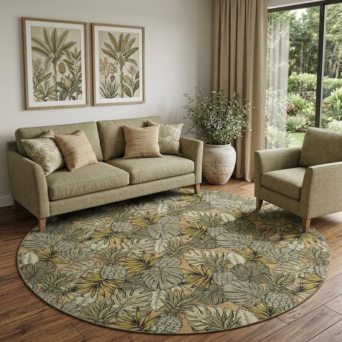 8' Tropical Botanical Distressed Washable Round Rug With UV Protection (646370) - Khaki / Gray / Yellow