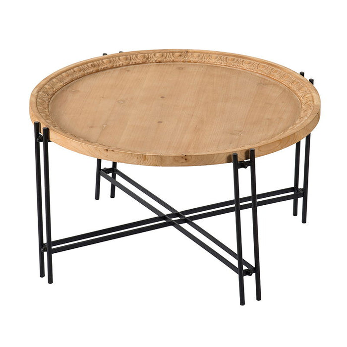 Black and brown farmhouse round wooden coffee table with metal legs by Giga, showcasing a rustic design and sturdy construction.