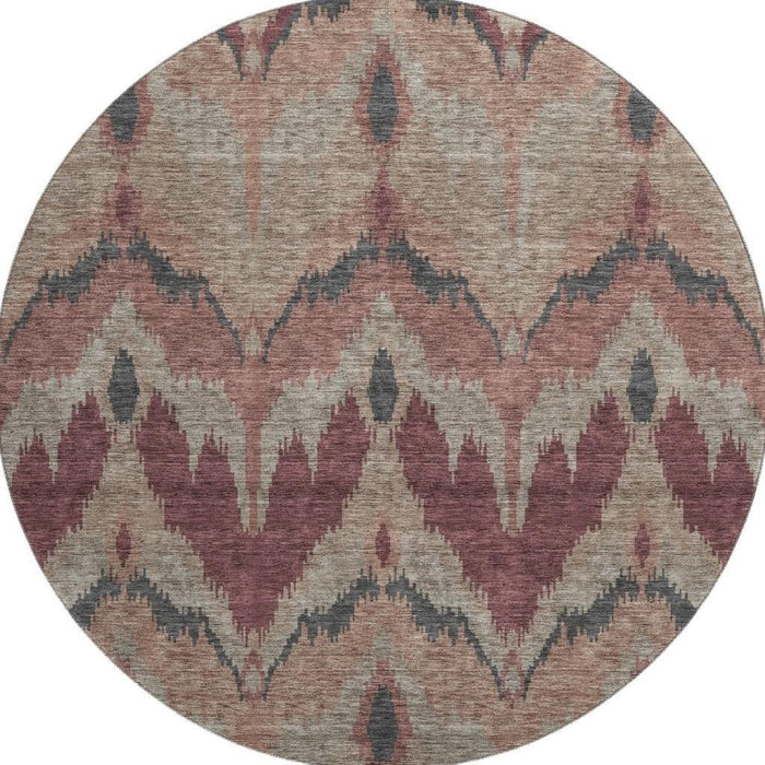 8' Ikat Washable Round Rug With UV Protection - Burgundy