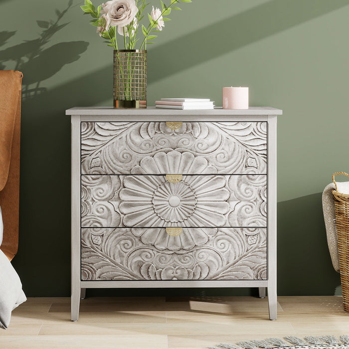 Light gray Giga 3-drawer hall chest cabinet with sleek design, suitable for bedroom or living room storage.