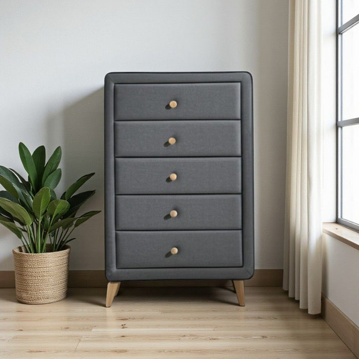 Upholstery 5 Drawer Chest Dresser With Light Natural Legs - Light Gray
