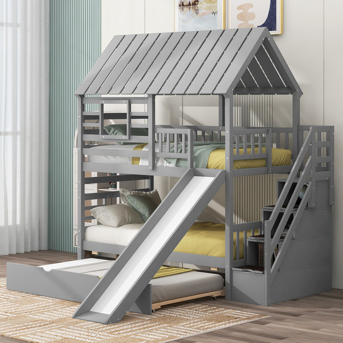 Giga house bunk bed with trundle, storage staircase, roof, and window design, ideal for kids' bedrooms with playful features