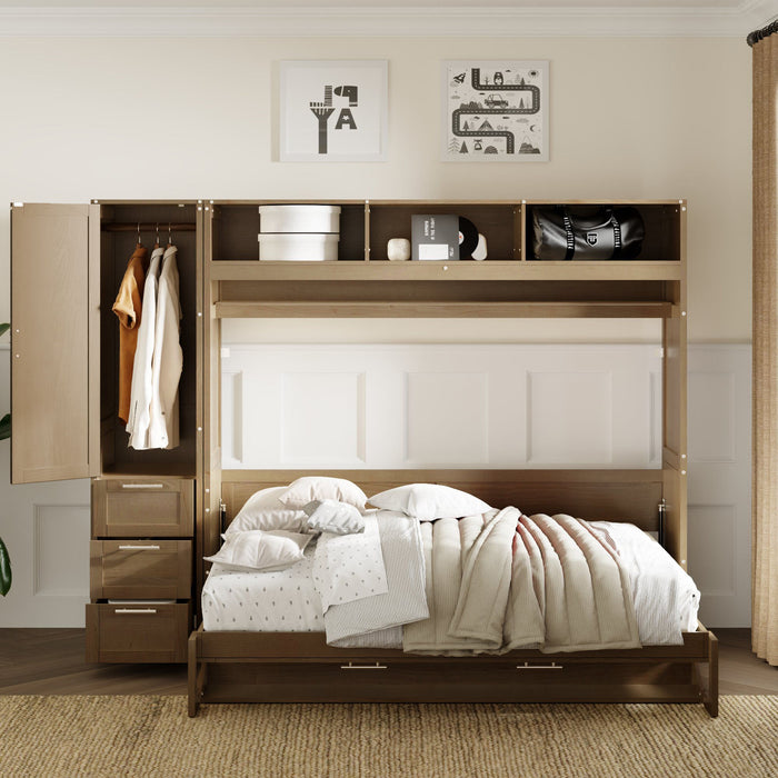 Giga full size wooden Murphy bed with built-in wardrobe, drawers, and open shelves in a modern storage bed design.