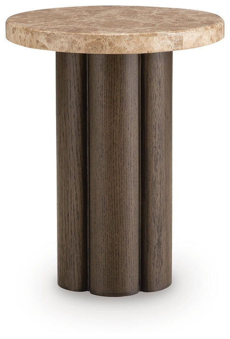 Signature Design by Ashley Darimore chair side end table in burnished brown with a sleek, modern design and smooth surface.
