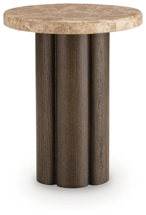 Signature Design by Ashley Darimore chair side end table in burnished brown with a sleek, modern design and smooth surface.