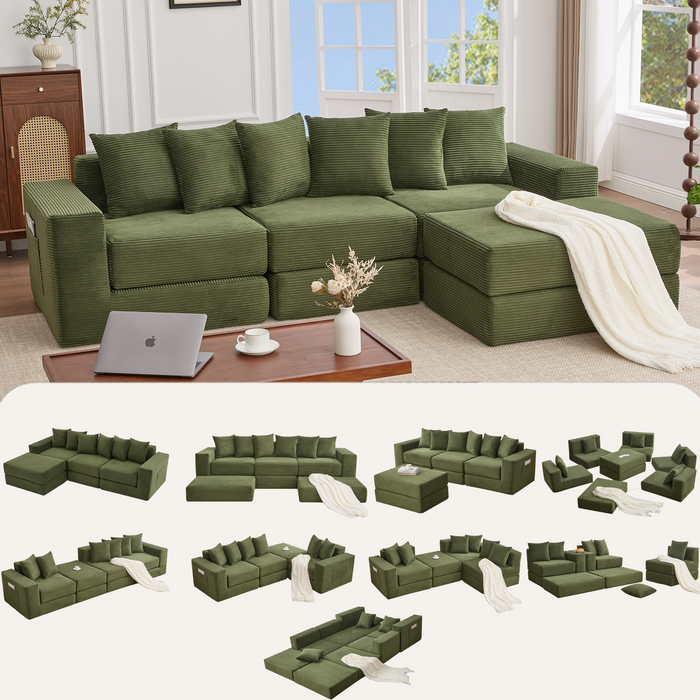 [NEW ARRIVED] [VIDEO PROVIDED]10-in-1 Convertible Sofa Sectional ,Corner Couch , Convertible Floor Sleeper Sofa,Corduroy,Side Pocket,No Assembly,DIY,L Shaped Modular Sofa,6 Pillows,Green