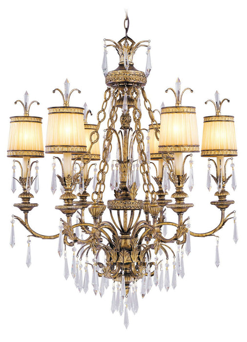 HomeRoots 41-inch gold metal chandelier with six dimmable lights and fabric shades, ideal for modern dining or living rooms.