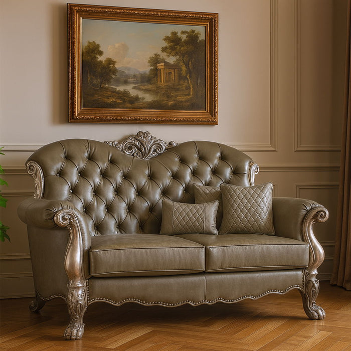 Faux Leather Loveseat And Toss Pillows - Bone