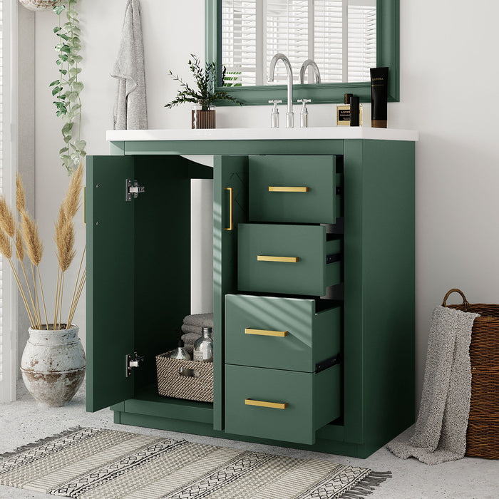 Giga bathroom vanity with sink, storage cabinet, three drawers, soft-closing doors, freestanding design, modern white finish