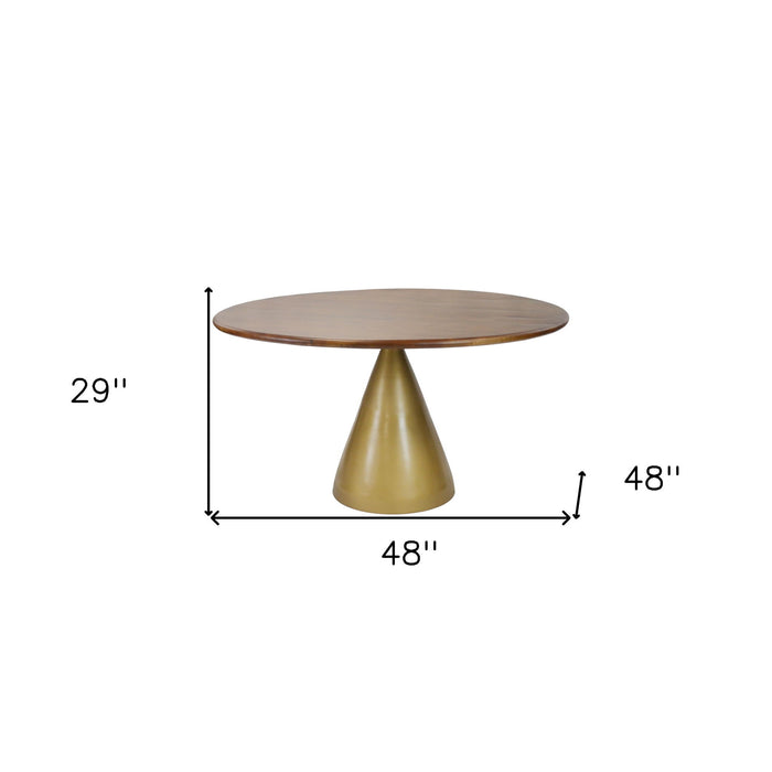 48" Rounded Solid Wood And Iron Pedestal Base Dining Table - Brown