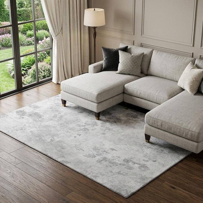 10' X 14' Floral Washable Area Rug With UV Protection (657713) - Gray / Silver