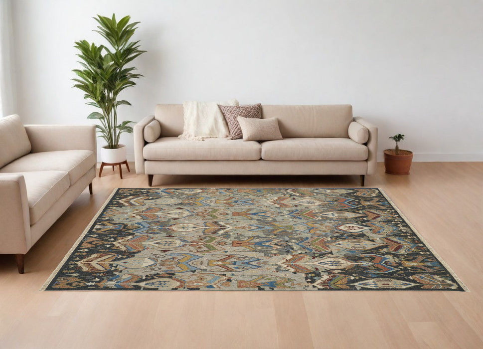 12' x 15' Wool Ikat Hand Knotted Area Rug With Fringe - Blue Gray And Brown