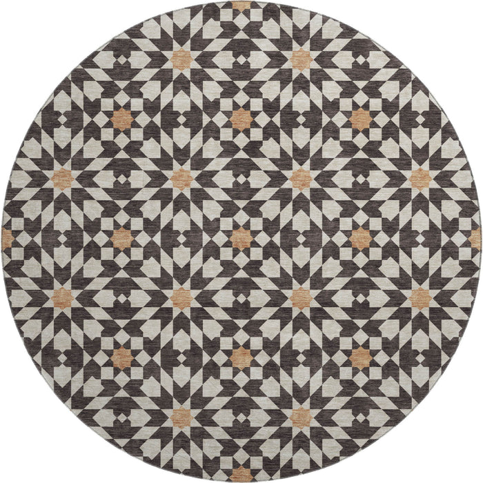 8' Copper Geometric Washable Round Rug With UV Protection - Charcoal
