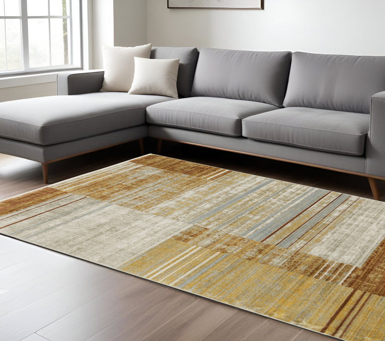 10' x 13' Geometric Power Loom Stain Resistant Area Rug With Fringe - Rust Gold Blue Gray Ivory And Tan