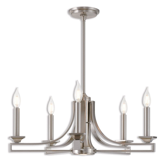 18-inch HomeRoots metal chandelier with six shades, dimmable lighting, and nickel finish, ideal for elegant dining or living rooms.