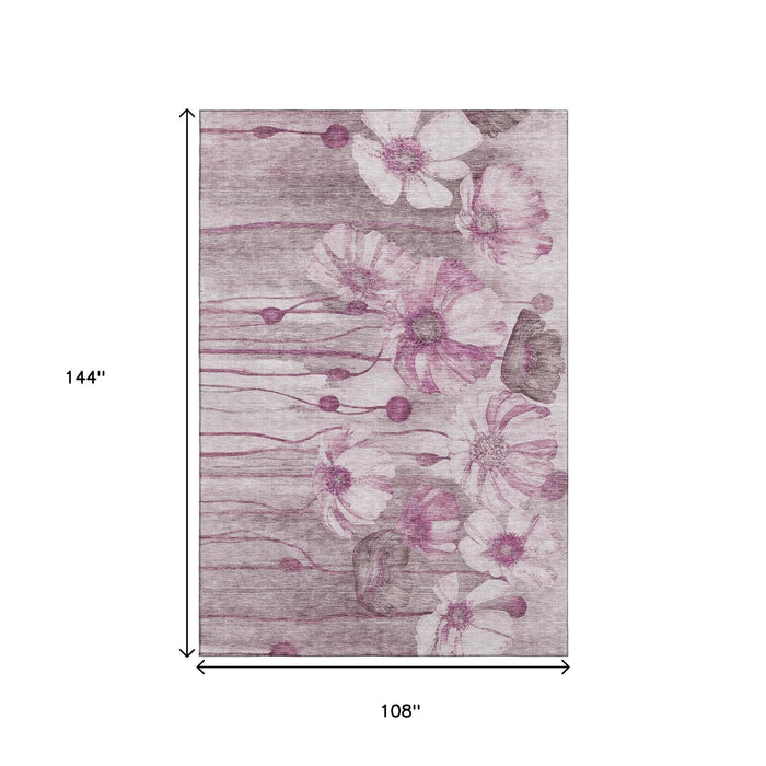 9' X 12' Floral Washable Area Rug With UV Protection (657310) - Plum / Ivory