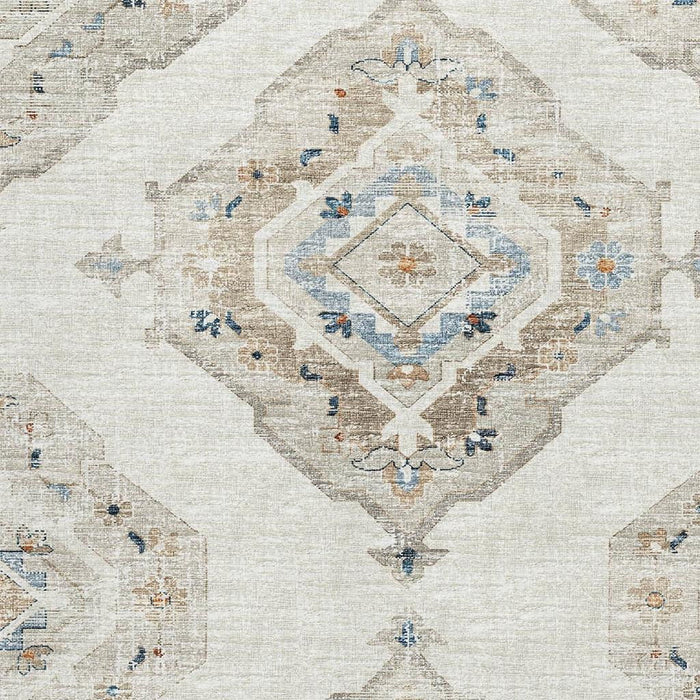 9' X 12' Tribal Distressed Washable Area Rug With UV Protection (644179) - Linen / Ivory / Blue