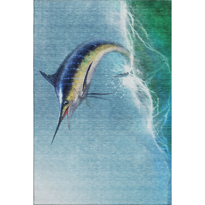 9' X 12' Nautical Washable Area Rug With UV Protection (645366) - Caribbean Blue / Emerald / Beige