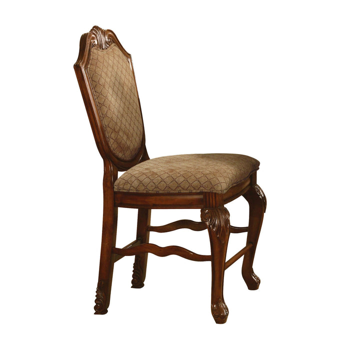 Set of two HomeRoots fabric and solid wood counter height bar chairs in beige and brown with cushioned seats and back support.